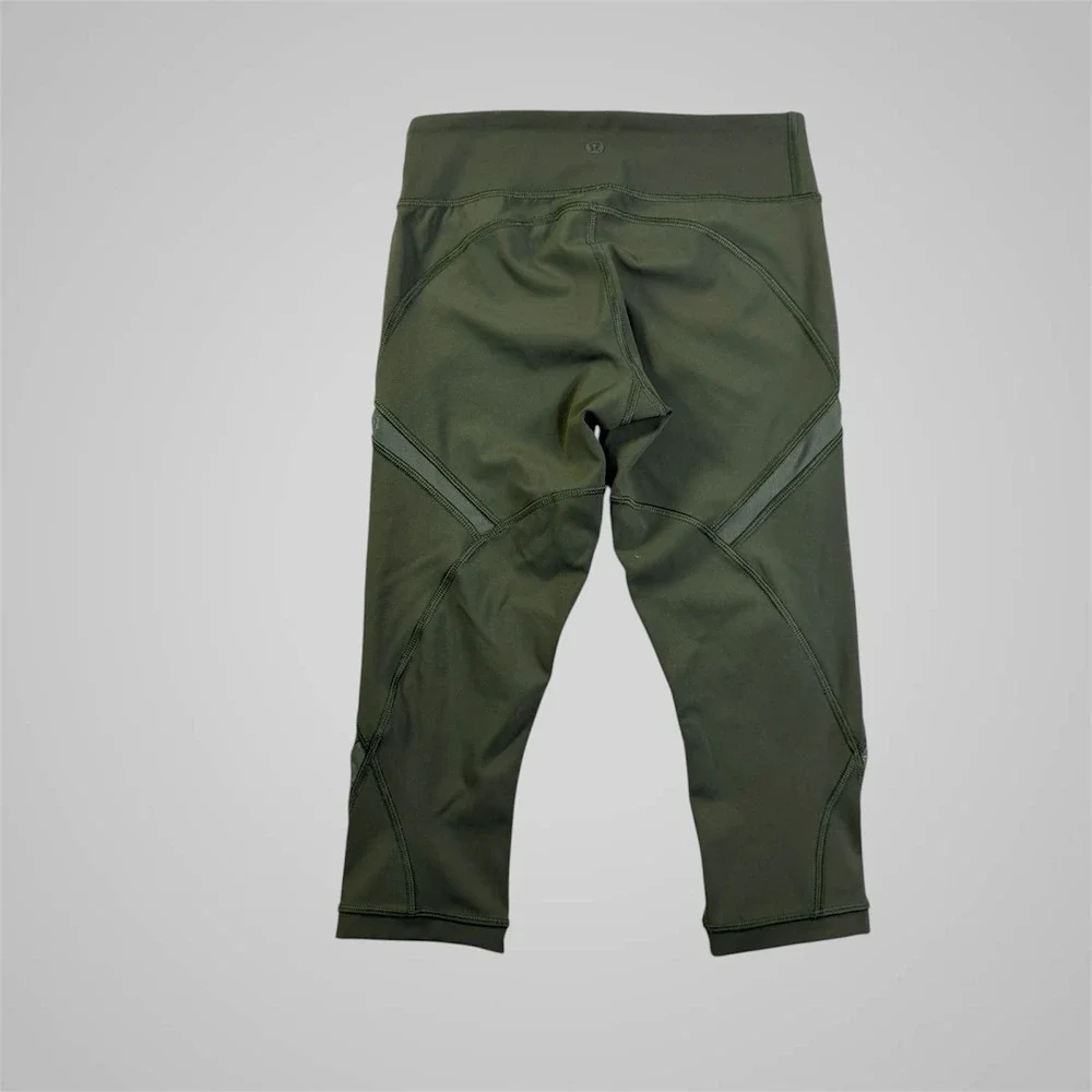 Lululemon Tight Stuff Crop II Dark‎ Olive Green Mesh Running Tights Yoga Size 2